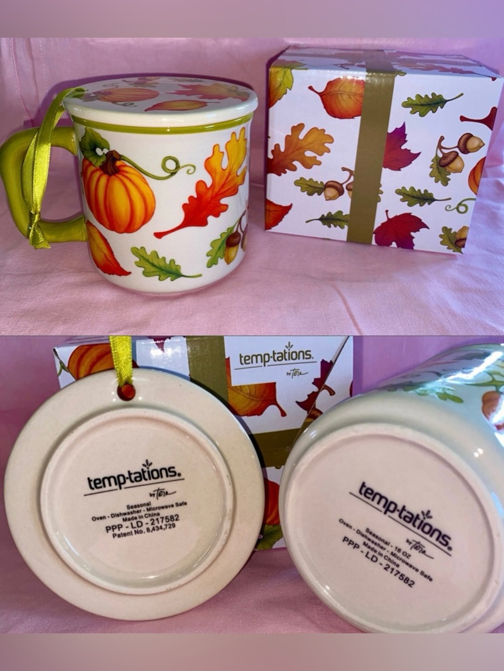 Temp-Tations Temptations Autumn Harvest Ceramic Cup Mug Orange Green Fall Leaves